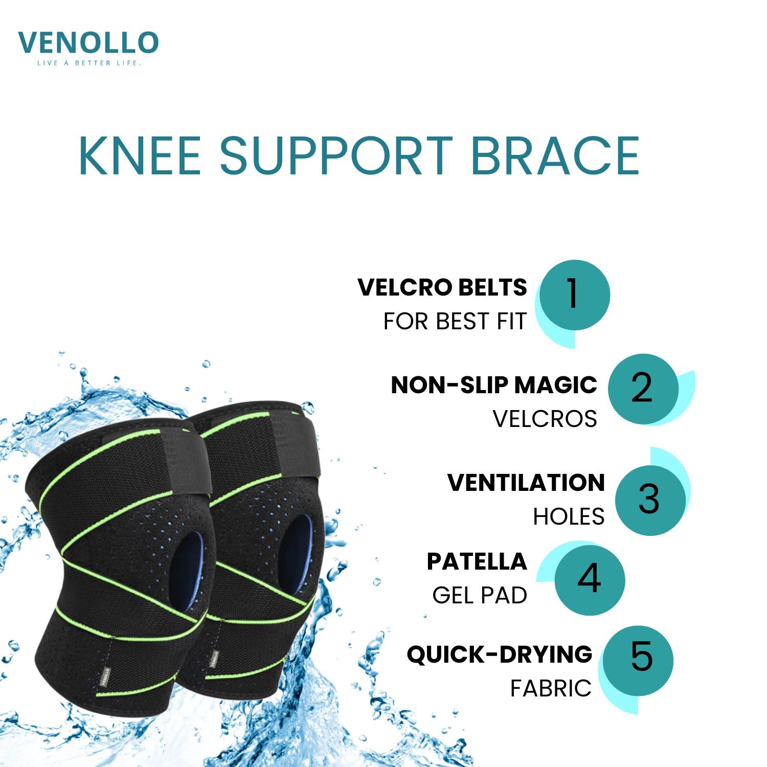 Venollo Knee Brace with Side Stabilizers & Patella Gel Pads for Knee Support, Green and Black