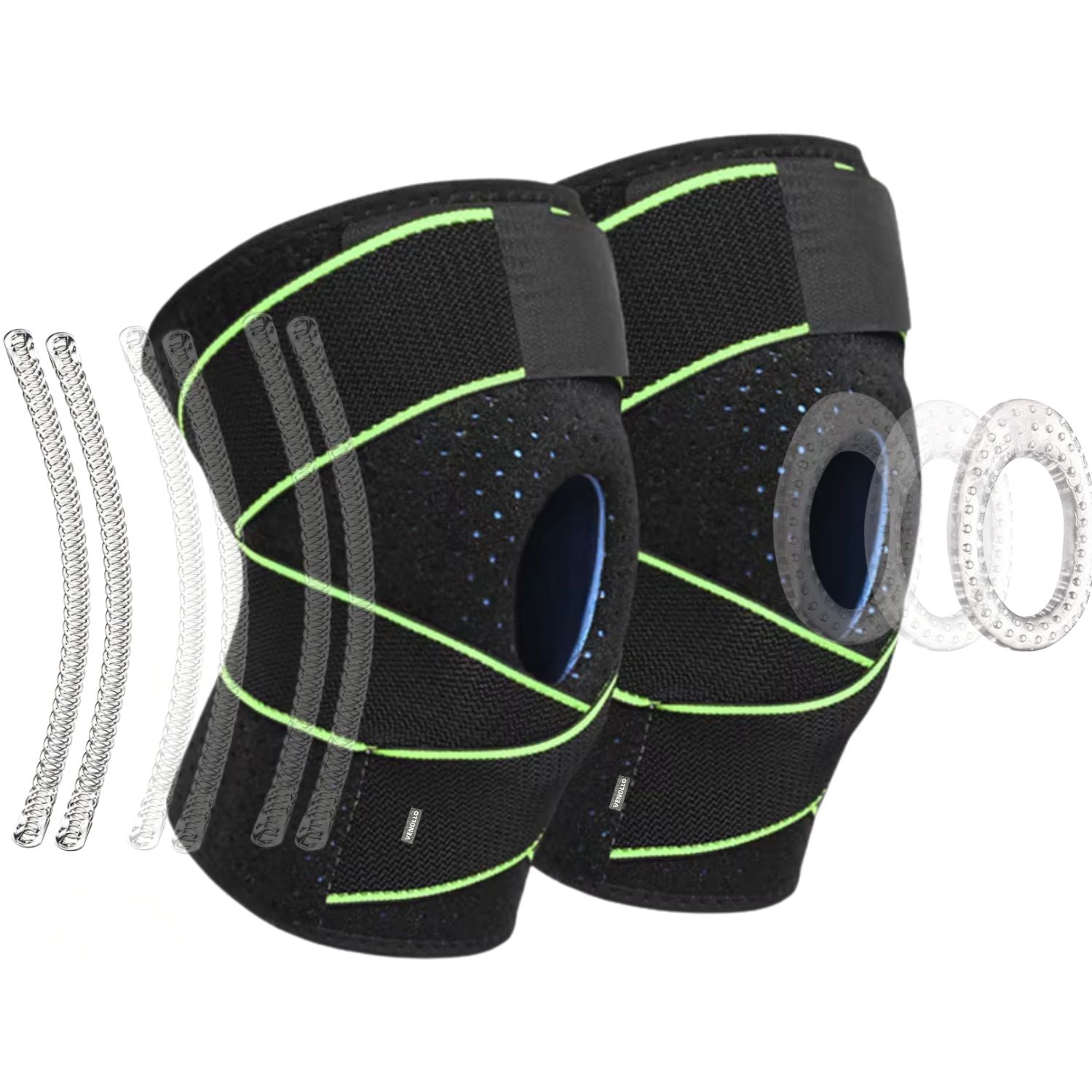 Venollo Knee Brace with Side Stabilizers & Patella Gel Pads for Knee Support, Green and Black